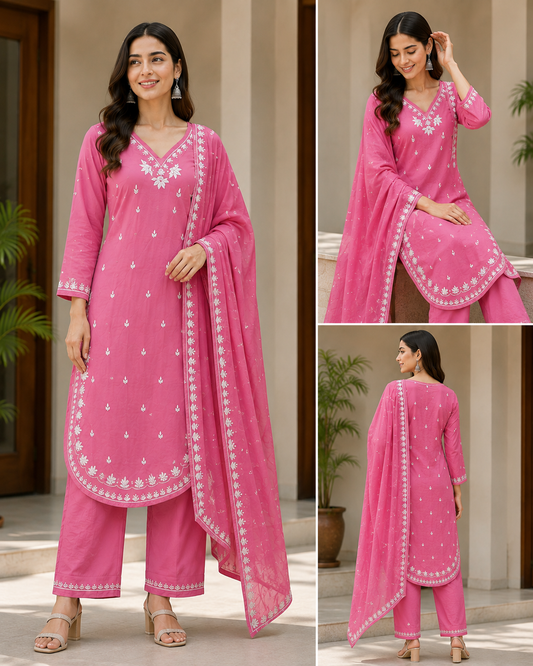 Elegant Pink 3-Piece Embroidered Kurta Set