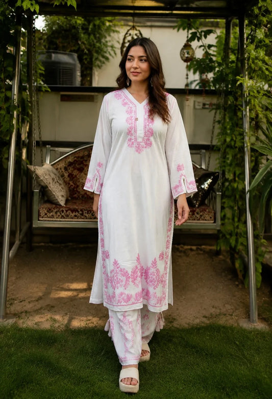 Aarohi Pink Floral Embroidered Double-Layered Palazzo Set