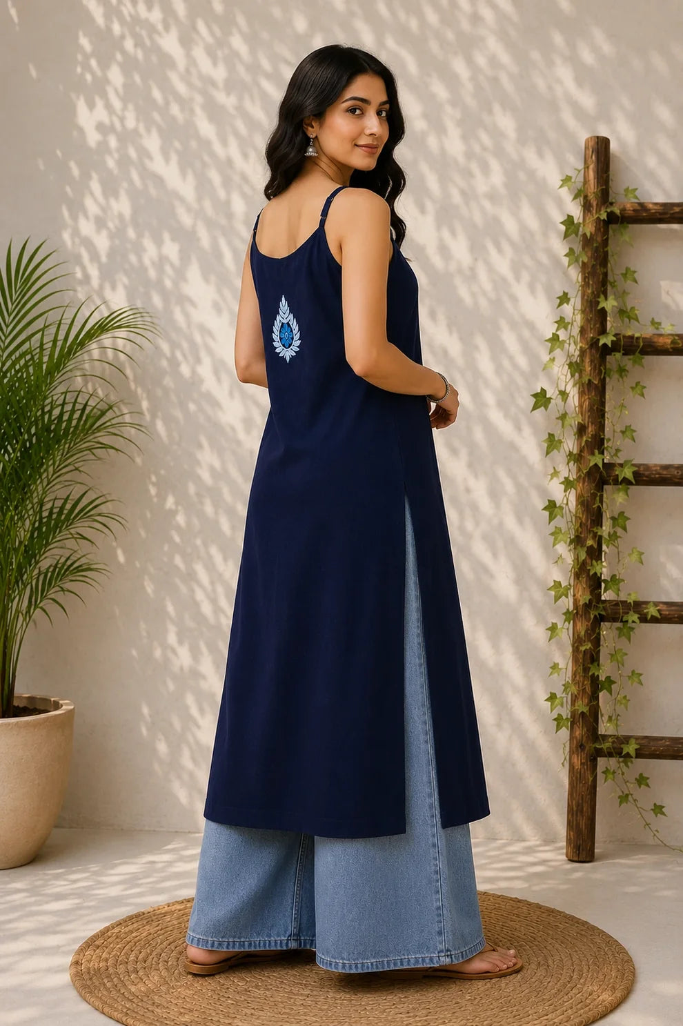 Blue Floral Chikankari Rayon Long Kurti