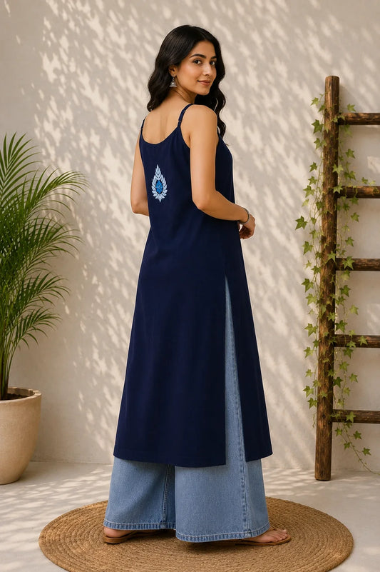Blue Floral Chikankari Rayon Long Kurti