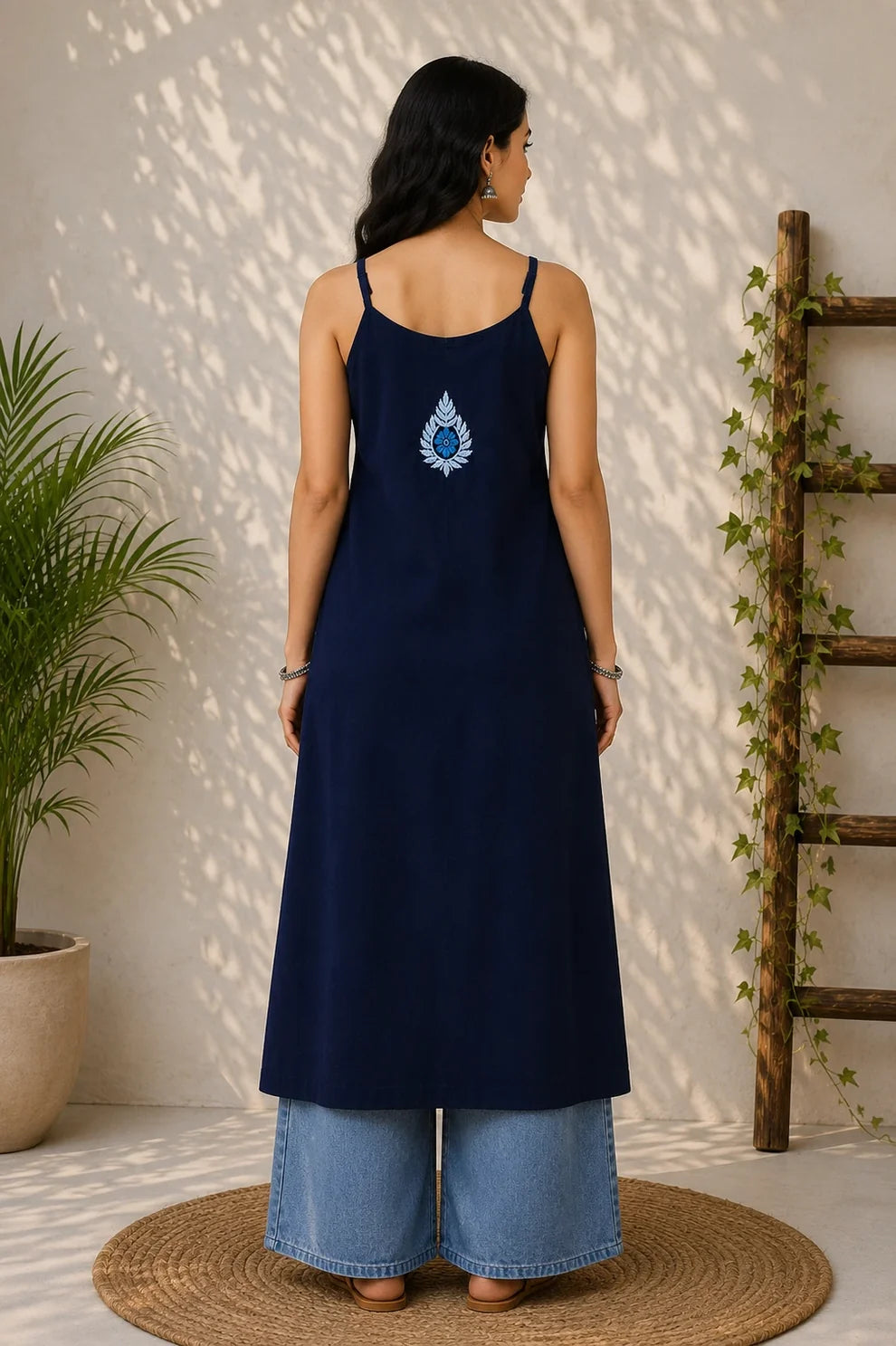 Blue Floral Chikankari Rayon Long Kurti