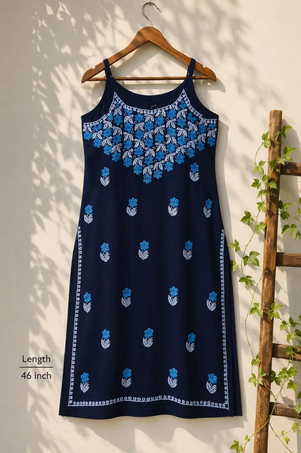 Blue Floral Chikankari Rayon Long Kurti