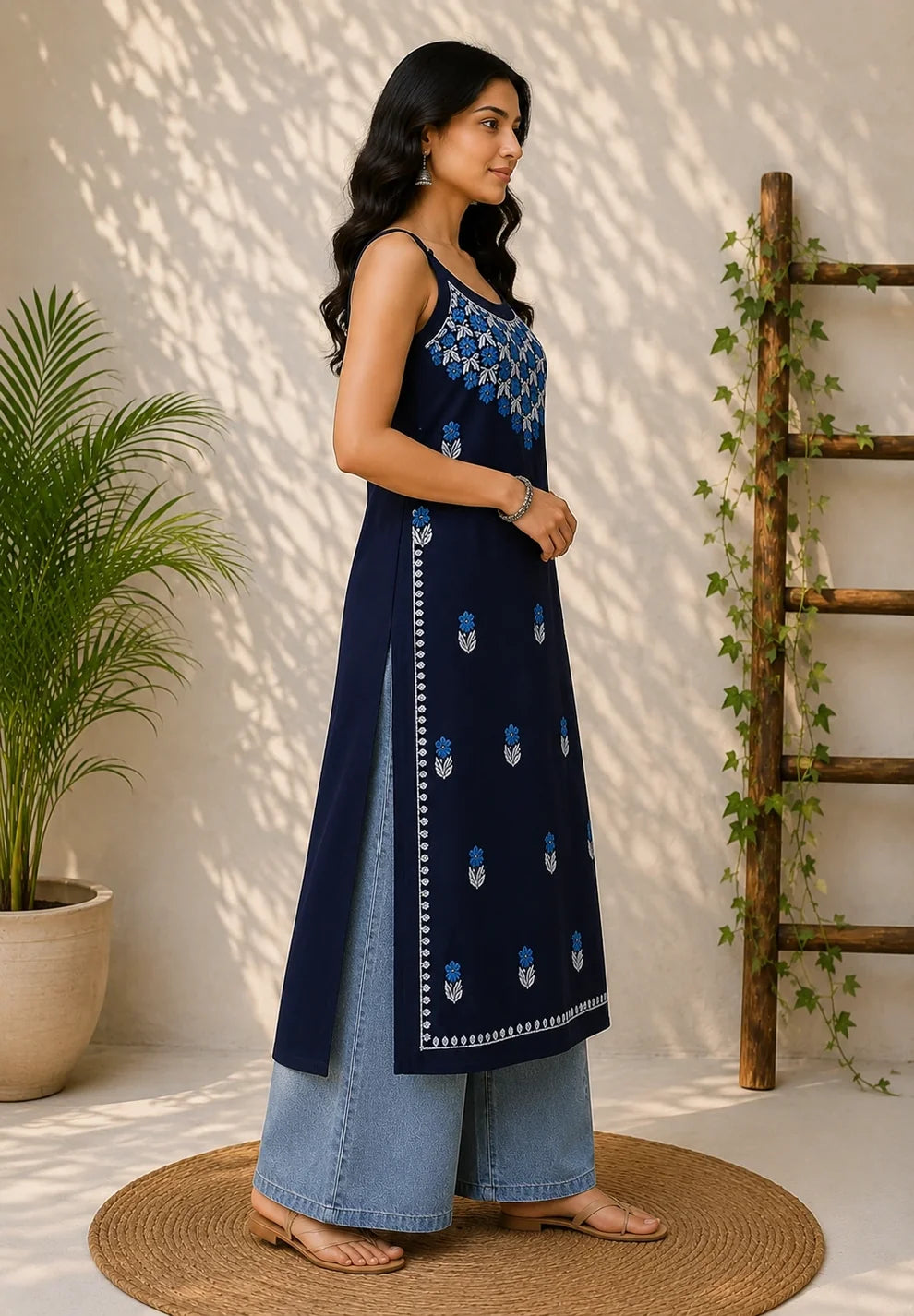 Blue Floral Chikankari Rayon Long Kurti