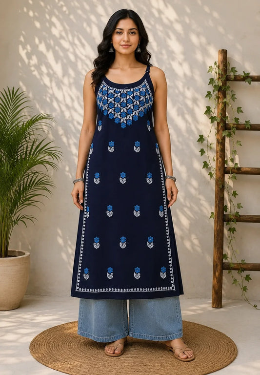 Blue Floral Chikankari Rayon Long Kurti
