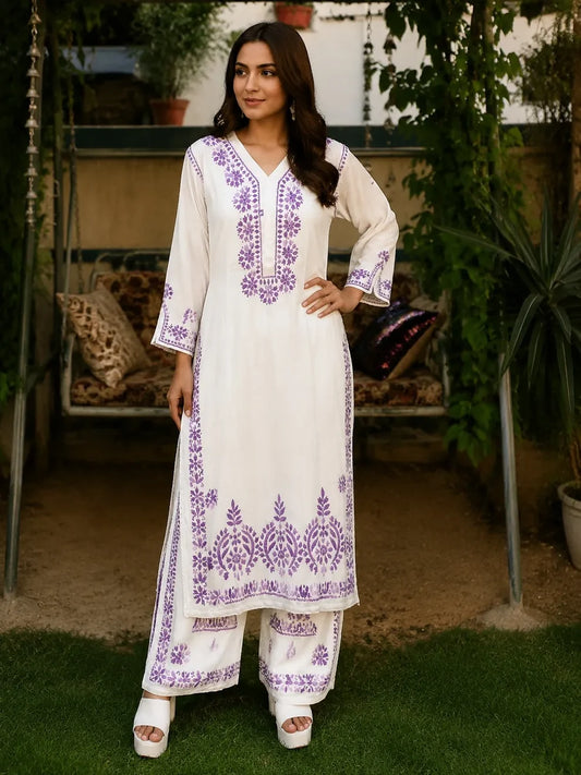 Lavender Royale Floral Embroidered Double-Layered Palazzo Set for Women