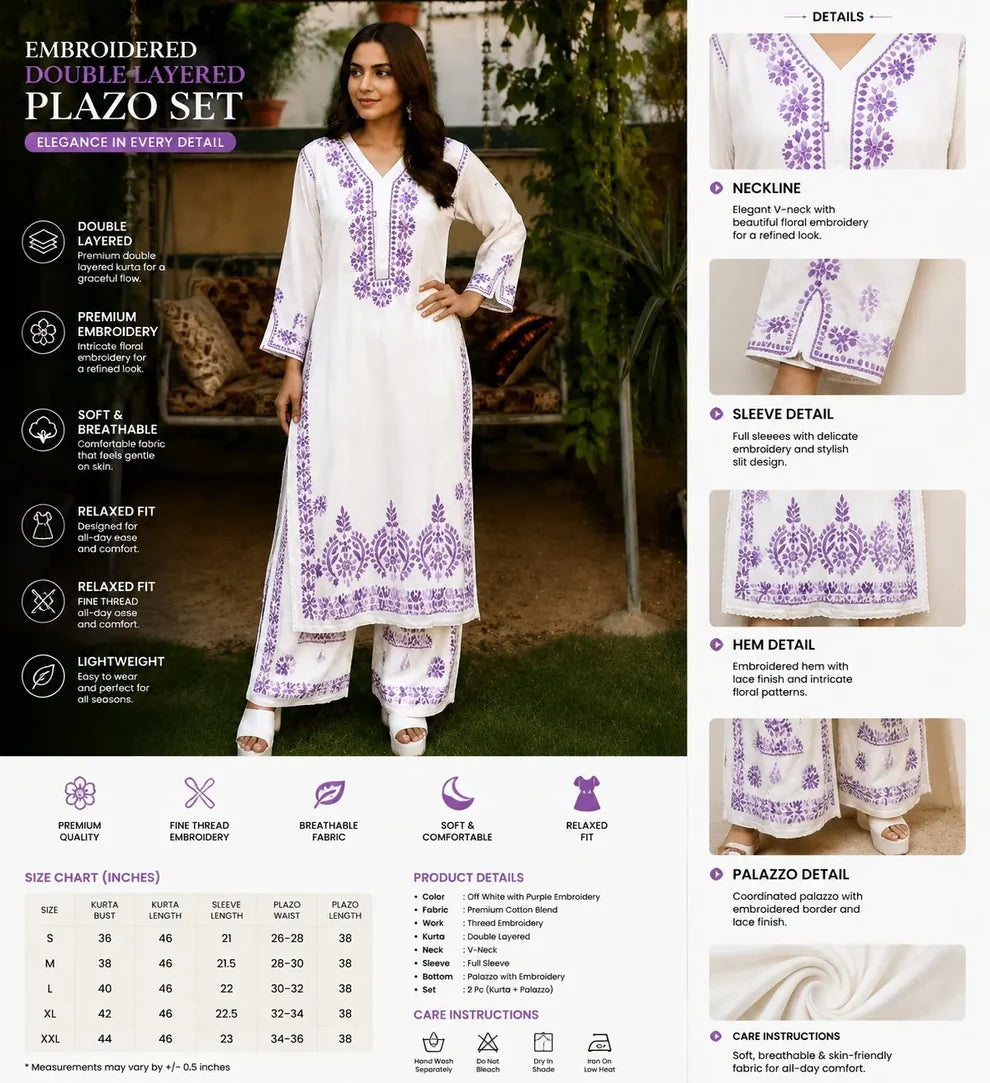 Lavender Royale Floral Embroidered Double-Layered Palazzo Set for Women