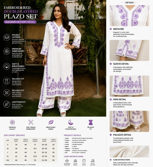 Lavender Royale Floral Embroidered Double-Layered Palazzo Set for Women